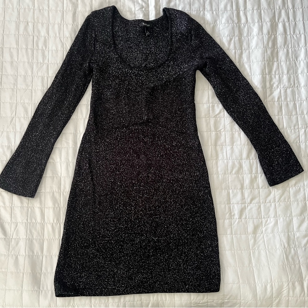 WHBM White House Black Market Black Sweater Knit Dress Shimmer Silver Sz M